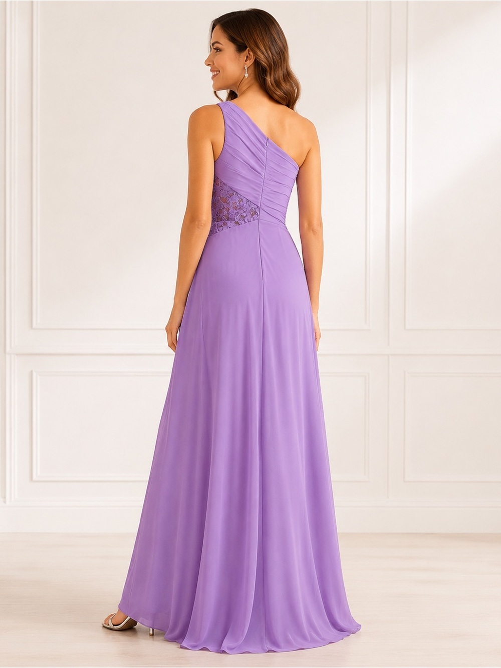 David’s Bridal Lavender One Shoulder Lace Bridesmaid Formal Gown Size 4 - Picture 2 of 10